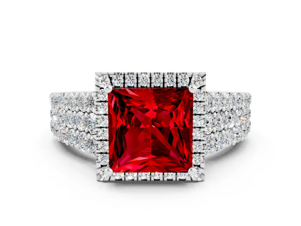 Silver Princess Cut Halo Pavé Diamond Engagement Ring with Split Shank and Four-Prong Setting