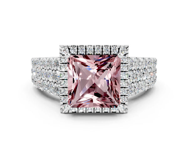 Platinum Princess Cut Halo Pavé Diamond Engagement Ring with Split Shank and Four-Prong Setting