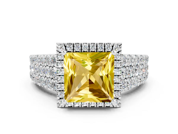 Platinum Princess Cut Yellow Sapphire Halo Engagement Ring with Triple Row Round Pavé Band and Prong Setting