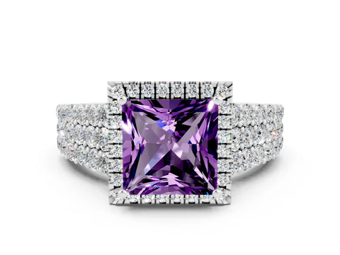 White gold Princess Cut Halo Pavé Diamond Engagement Ring with Split Shank and Four-Prong Setting
