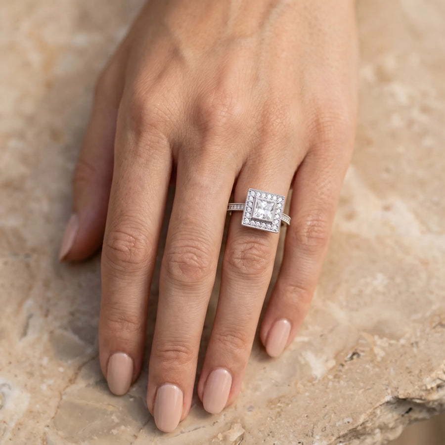 White gold Princess Cut Halo Pavé Diamond Ring