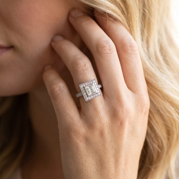 White gold Princess Cut Halo Pavé Diamond Ring