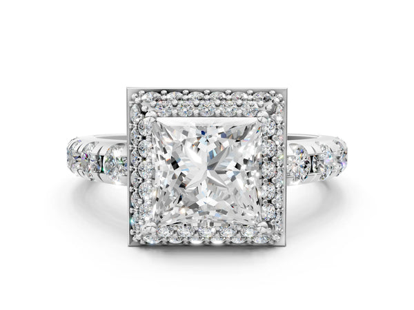 White gold Princess Cut Halo Pavé Solitaire Ring with Four-Prong Setting