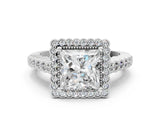 White gold Princess Cut Halo Pavé Solitaire Ring with Milgrain Band_11