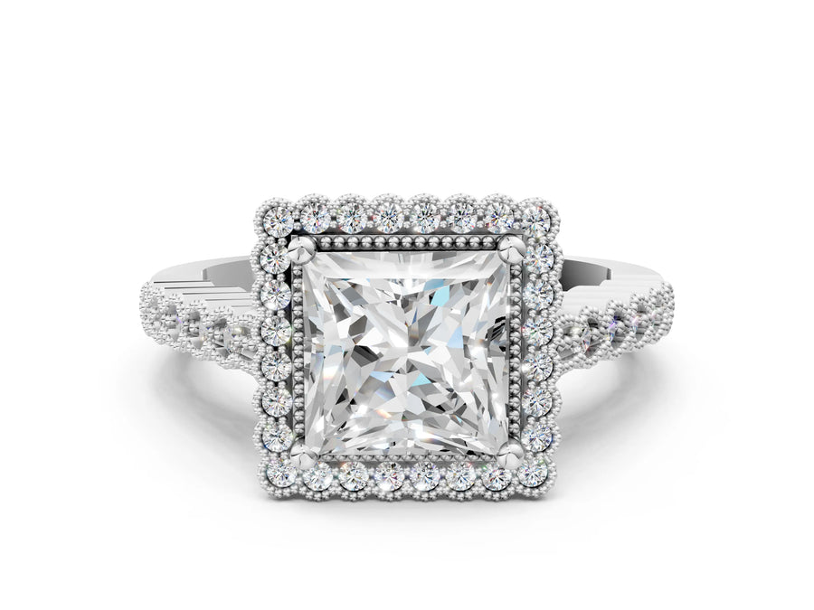 White gold Princess Cut Halo Pavé Solitaire Ring with Milgrain Band