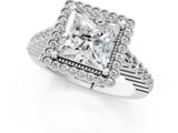 White gold Princess Cut Halo Pavé Solitaire Ring with Milgrain Band_12