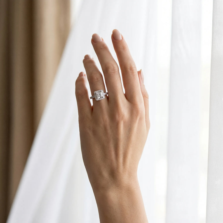 White gold Princess Cut Halo Pavé Solitaire Ring with Milgrain Band