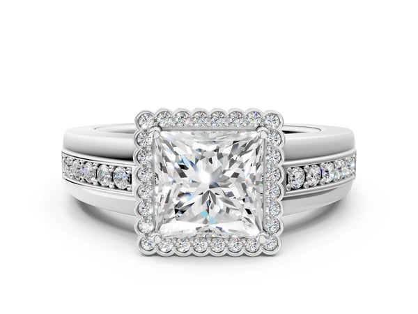 White gold Princess Cut Halo Pave Band Four-Prong Ring