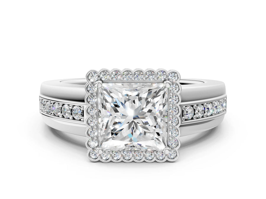 White gold Princess Cut Halo Pave Band Four-Prong Ring