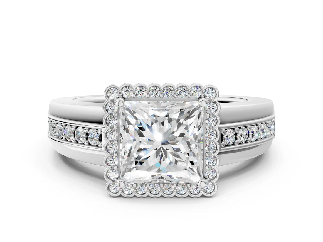 White gold Princess Cut Halo Pave Band Four-Prong Ring_74
