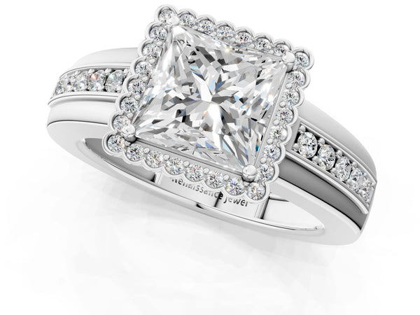 White gold Princess Cut Halo Pave Band Four-Prong Ring
