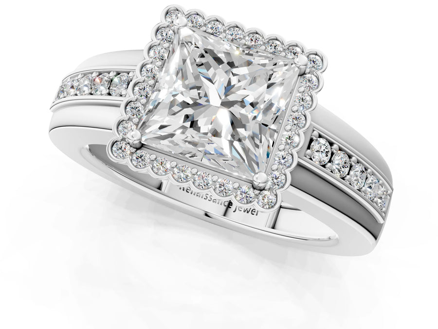 White gold Princess Cut Halo Pave Band Four-Prong Ring