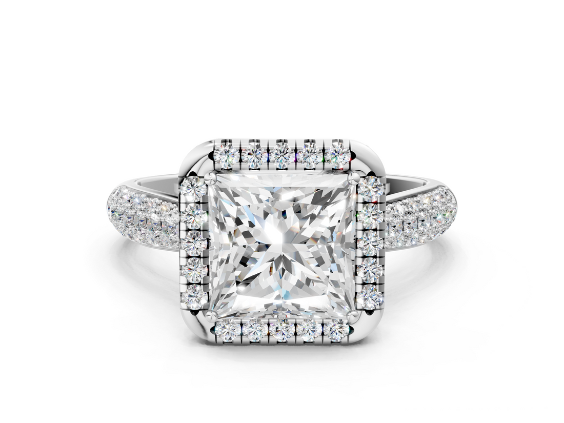 White gold Princess Cut Halo Pave Band Four-Prong Setting Ring_33