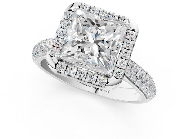 White gold Princess Cut Halo Pave Band Four-Prong Setting Ring