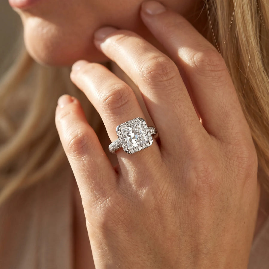 White gold Princess Cut Halo Pave Band Four-Prong Setting Ring