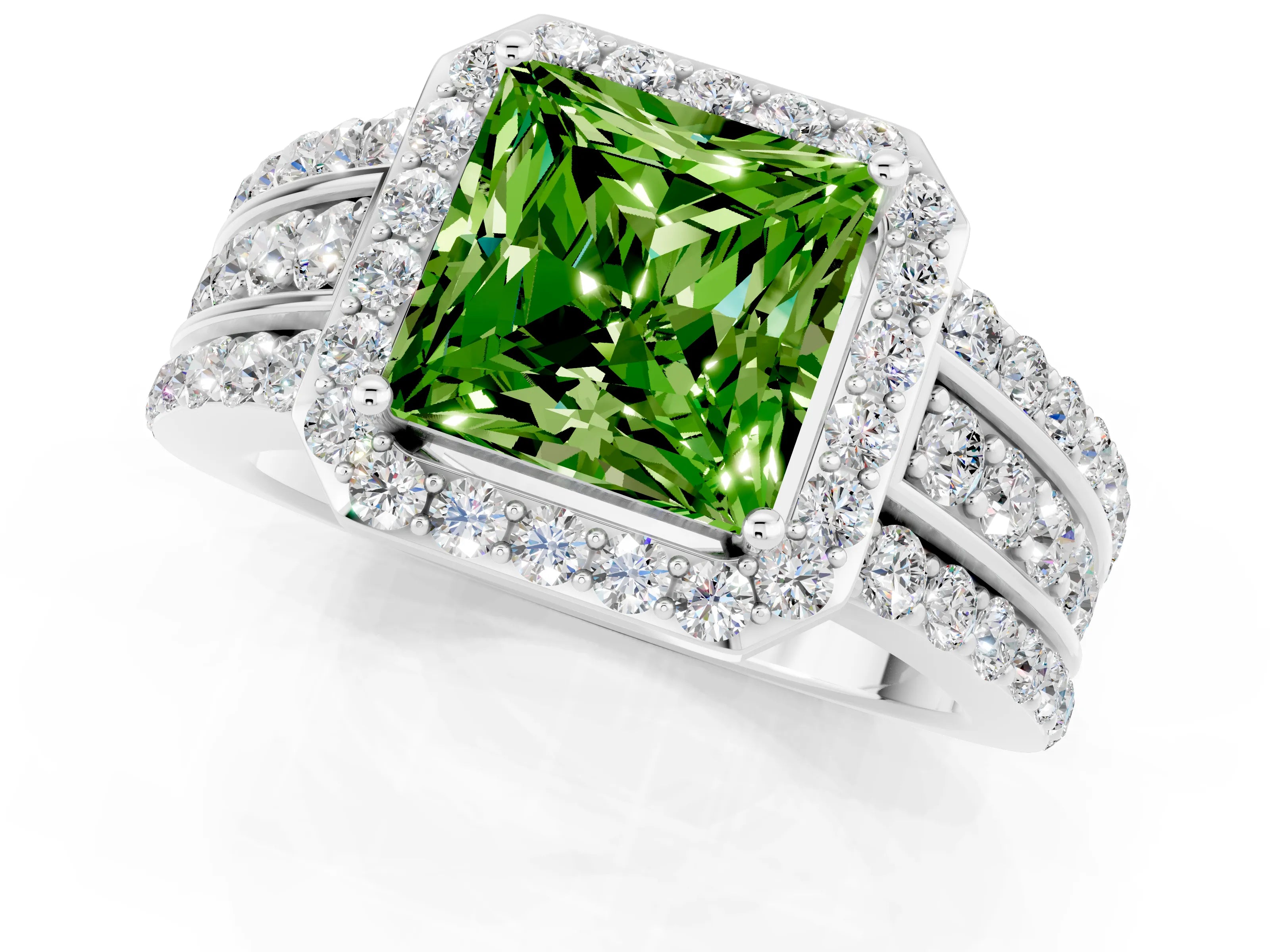 White gold Princess Cut Halo Peridot Ring with Split Shank and Four-Prong Setting_1