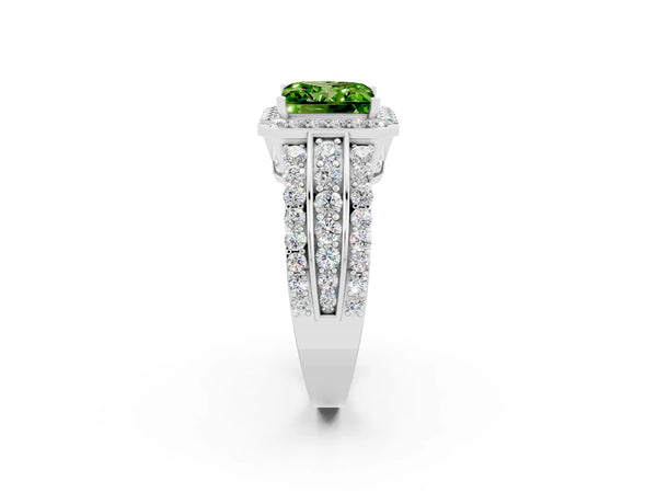 Platinum Princess Cut Halo Peridot Ring with Round  Split Shank and Prong Setting