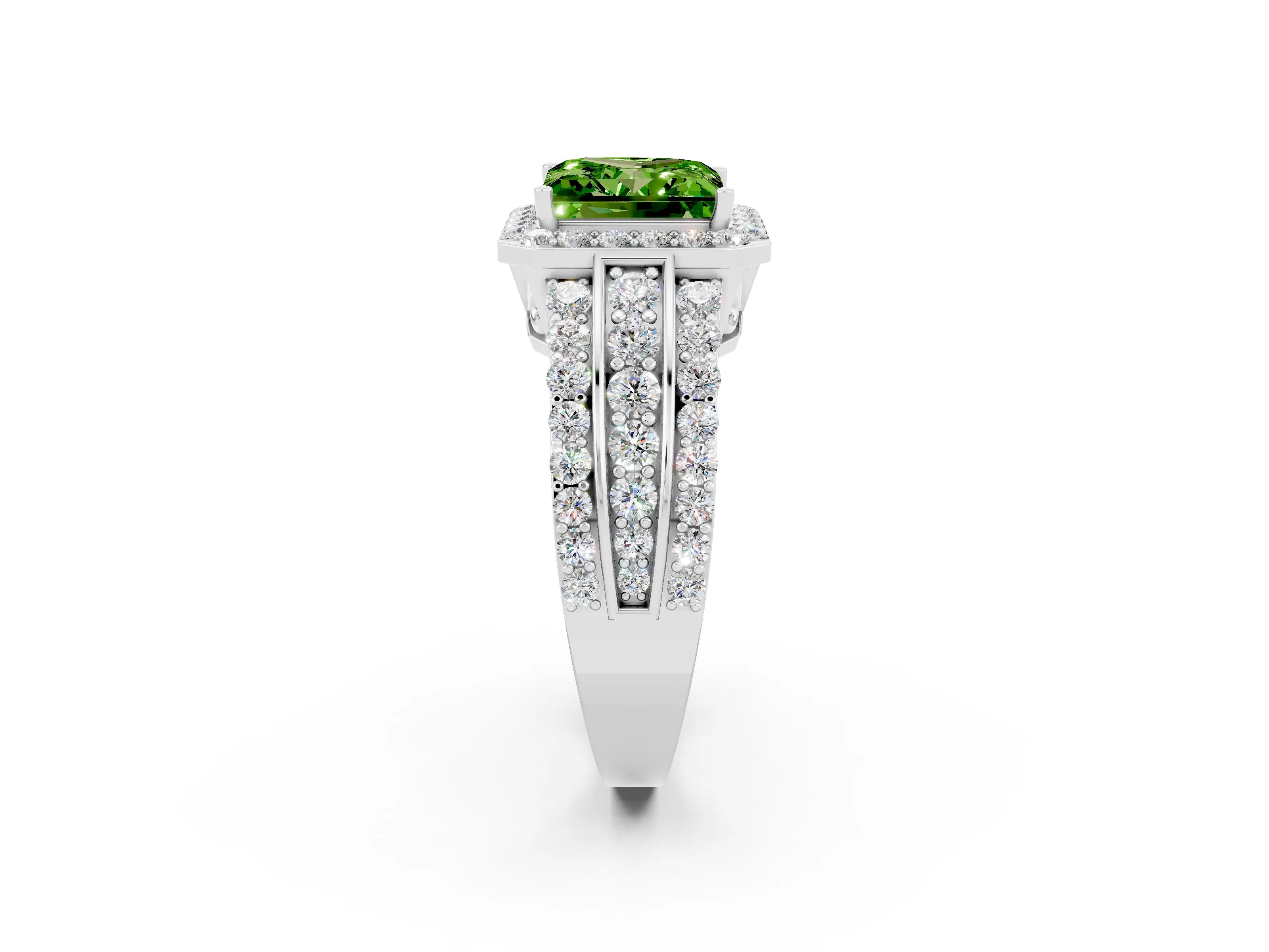 White gold Princess Cut Halo Peridot Ring with Split Shank and Four-Prong Setting_2