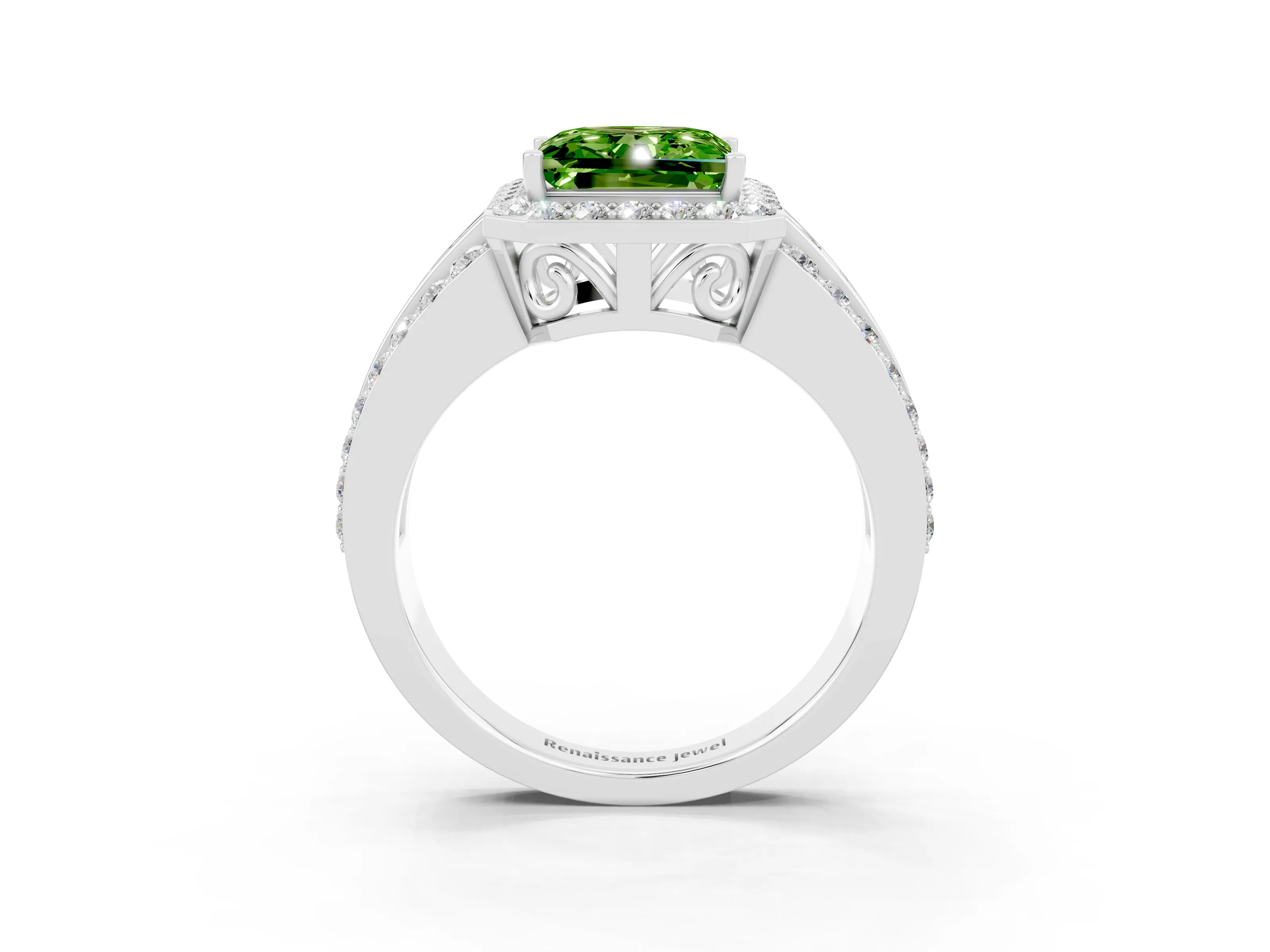 White gold Princess Cut Halo Peridot Ring with Split Shank and Four-Prong Setting_3