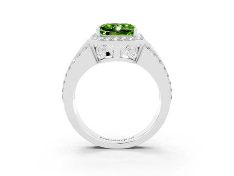 White gold Princess Cut Halo Peridot Ring with Split Shank and Four-Prong Setting_3