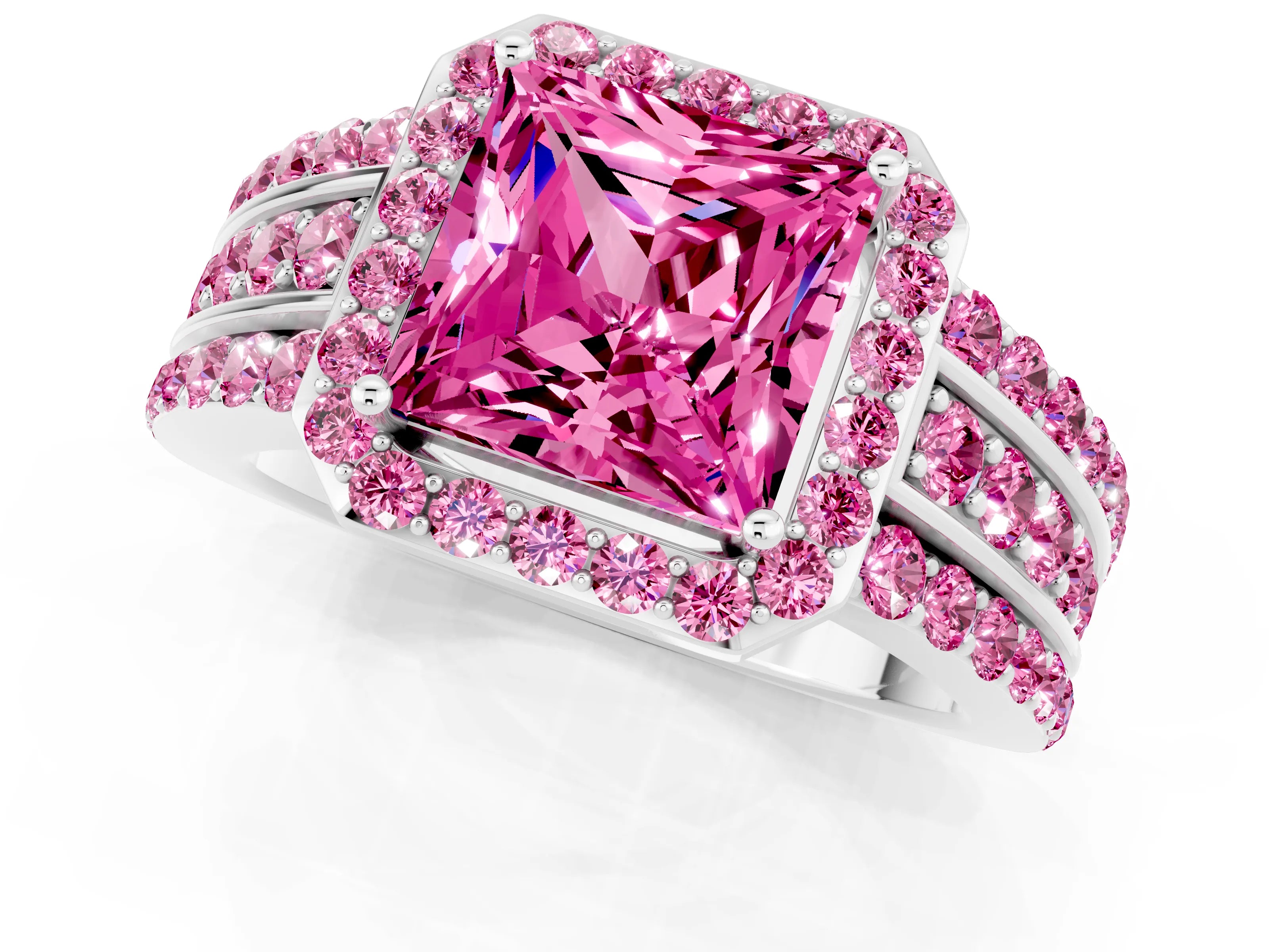 White gold Princess Cut Halo Pink Sapphire Ring with Split Shank and Four-Prong Setting_1