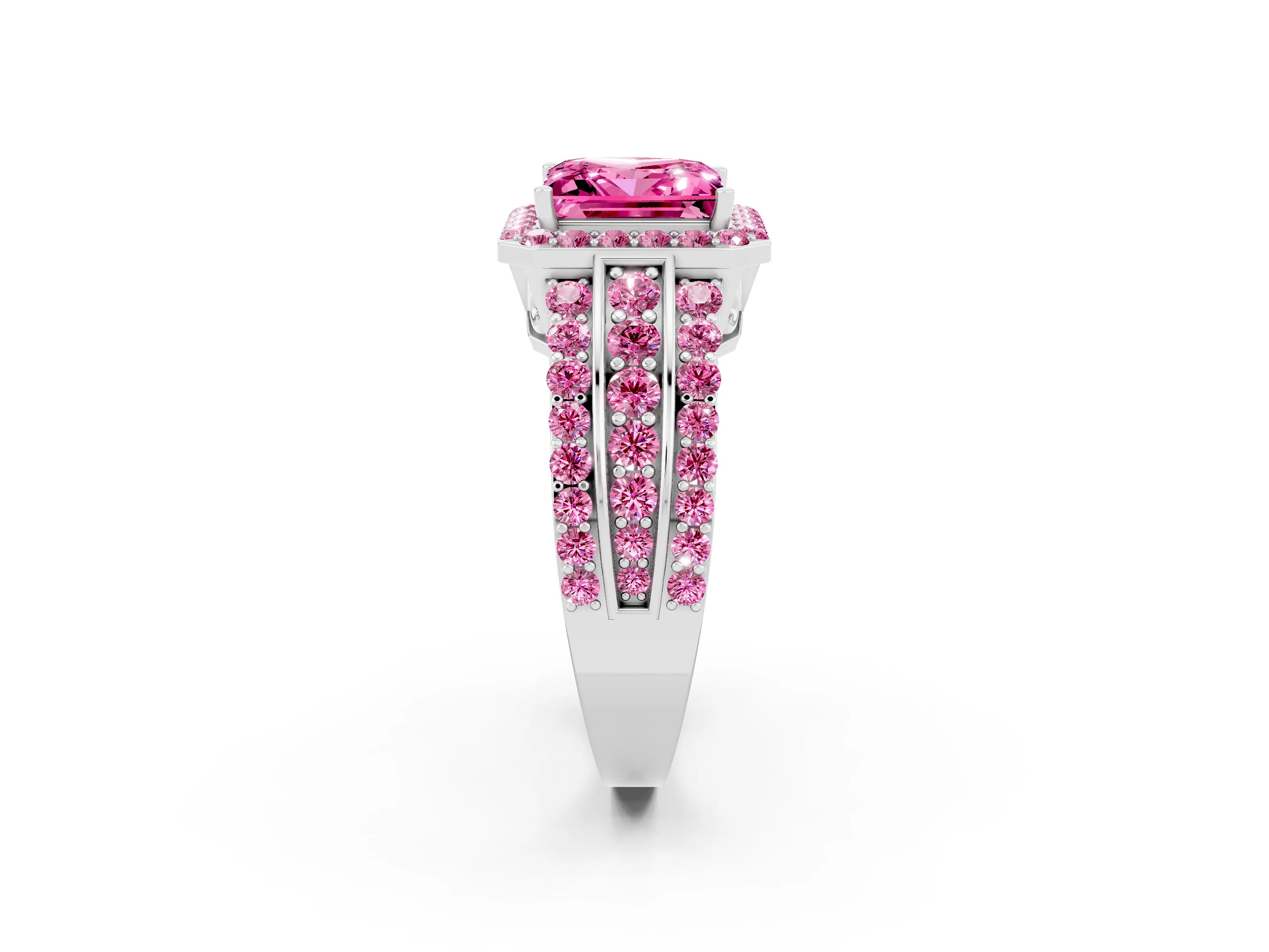 White gold Princess Cut Halo Pink Sapphire Ring with Split Shank and Four-Prong Setting_2