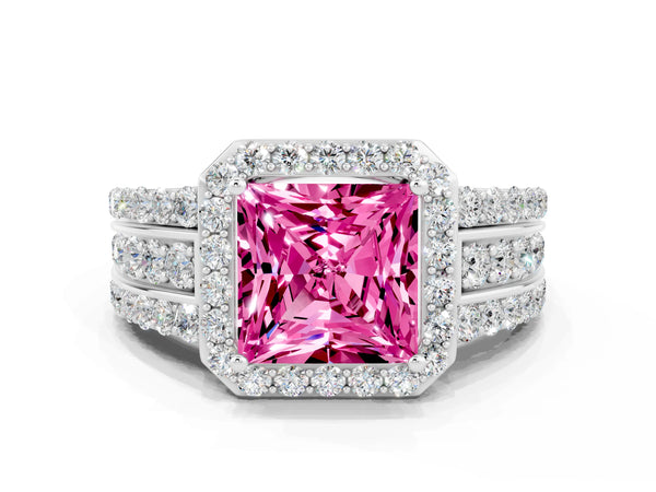 White gold Princess Cut Halo Pink Sapphire Ring with Round  Split Shank and Prong Setting