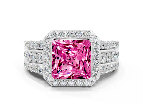 White gold Princess Cut Halo Pink Sapphire Ring with Split Shank and Four-Prong Setting_24