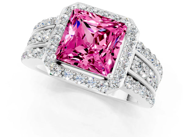 Platinum Princess Cut Halo Pink Sapphire Ring with Round  Split Shank and Prong Setting