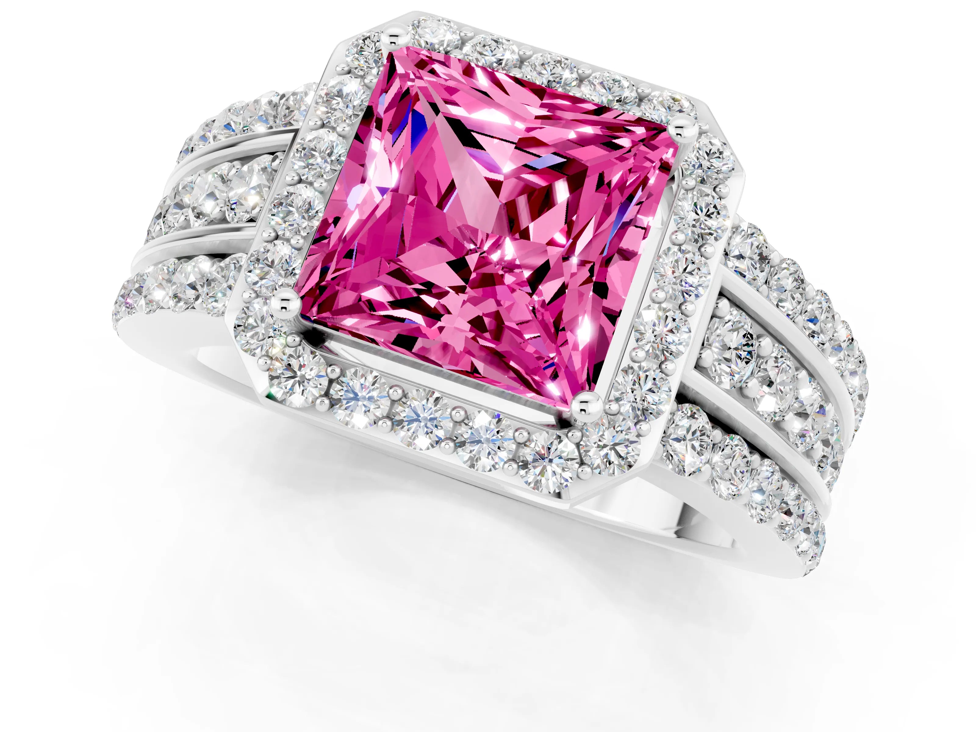 White gold Princess Cut Halo Pink Sapphire Ring with Split Shank and Four-Prong Setting_25