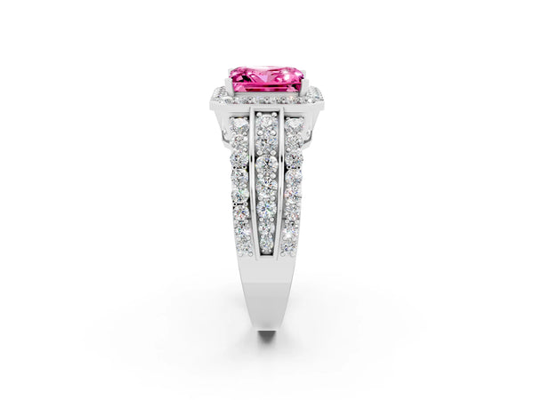 Silver Princess Cut Halo Pink Sapphire Ring with Round  Split Shank and Prong Setting