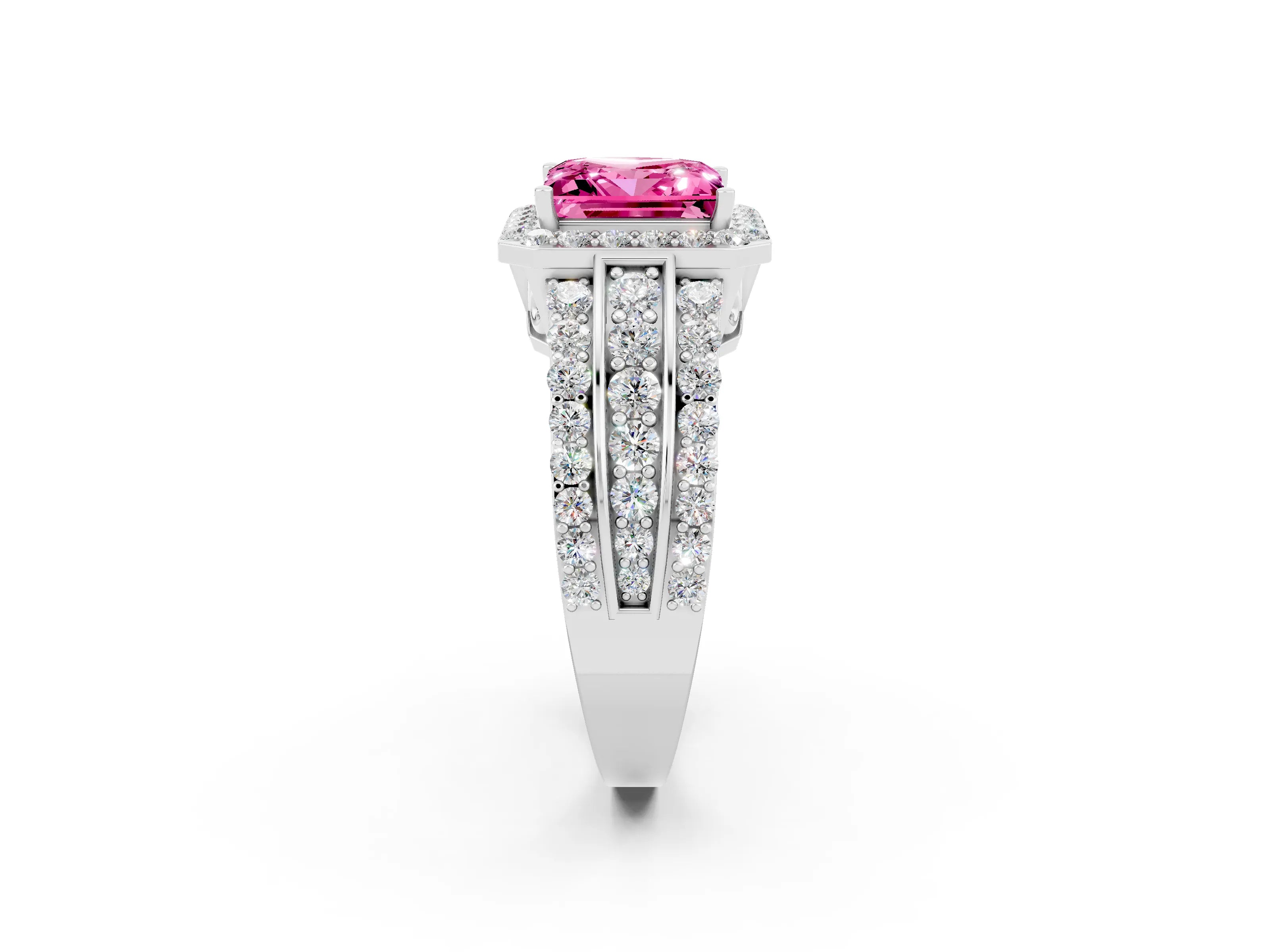 White gold Princess Cut Halo Pink Sapphire Ring with Split Shank and Four-Prong Setting_26