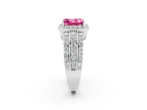 White gold Princess Cut Halo Pink Sapphire Ring with Split Shank and Four-Prong Setting_26