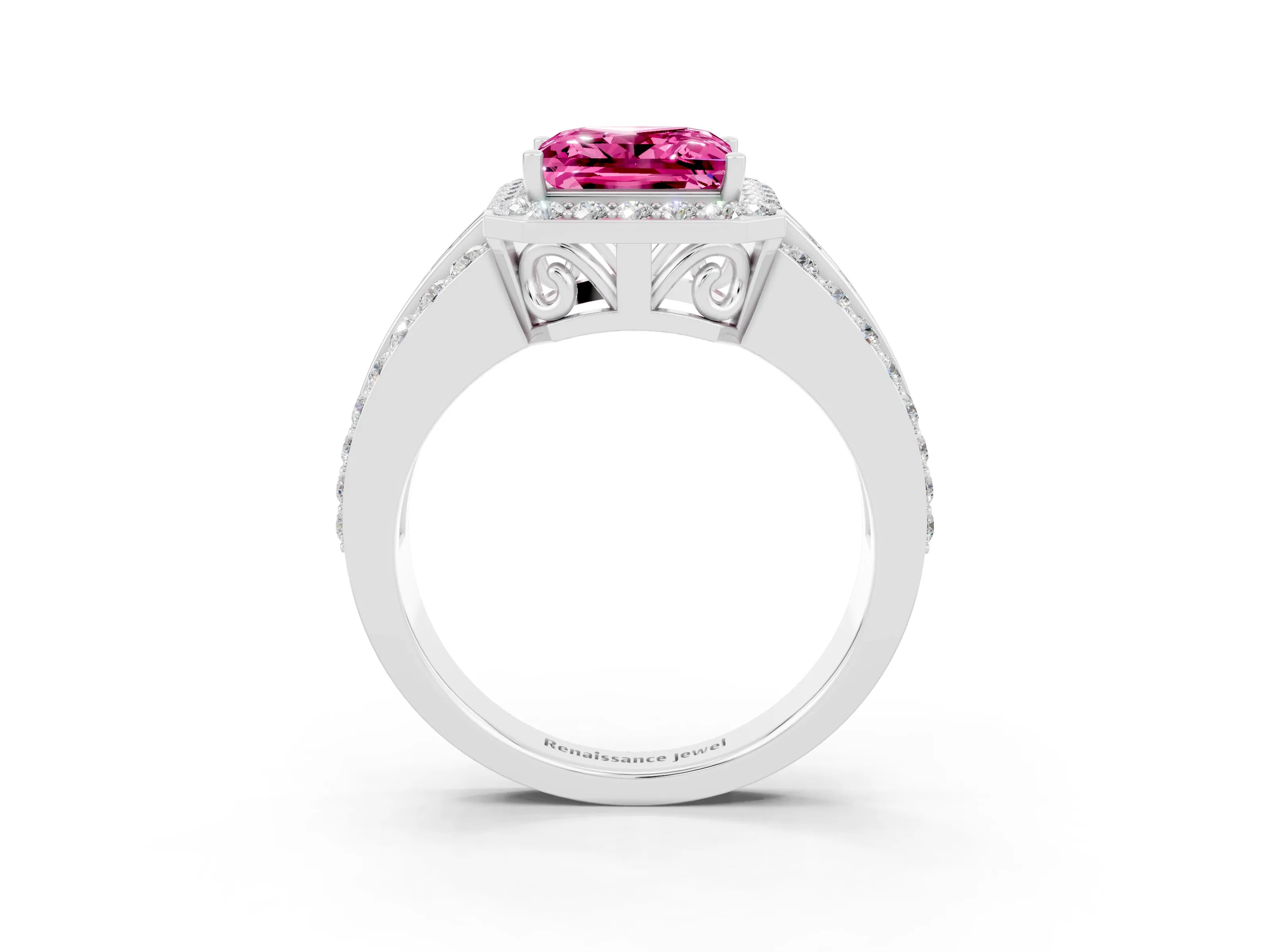 White gold Princess Cut Halo Pink Sapphire Ring with Split Shank and Four-Prong Setting_27