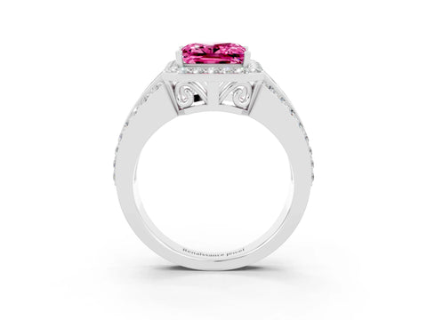 White gold Princess Cut Halo Pink Sapphire Ring with Split Shank and Four-Prong Setting_27
