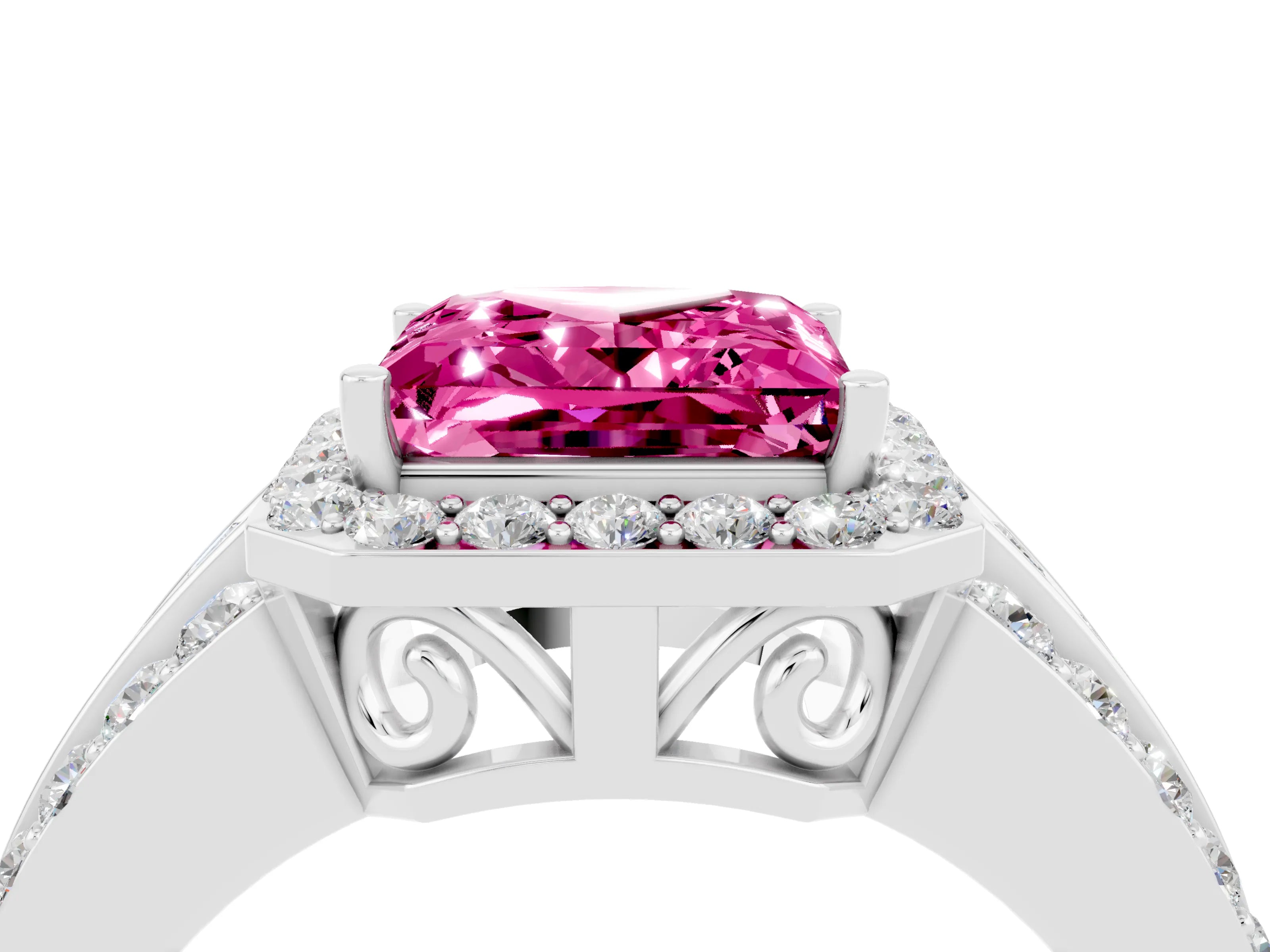 White gold Princess Cut Halo Pink Sapphire Ring with Split Shank and Four-Prong Setting_28