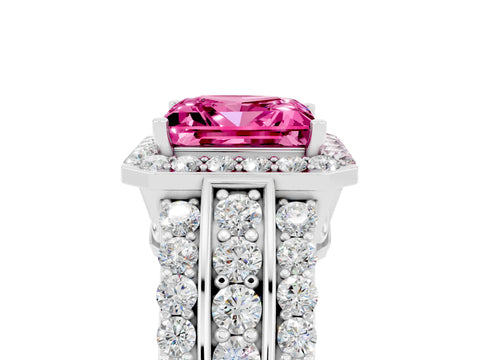White gold Princess Cut Halo Pink Sapphire Ring with Split Shank and Four-Prong Setting_29