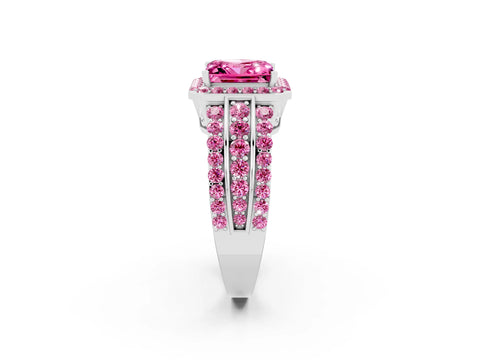 White gold Princess Cut Halo Pink Sapphire Ring with Split Shank and Four-Prong Setting_2