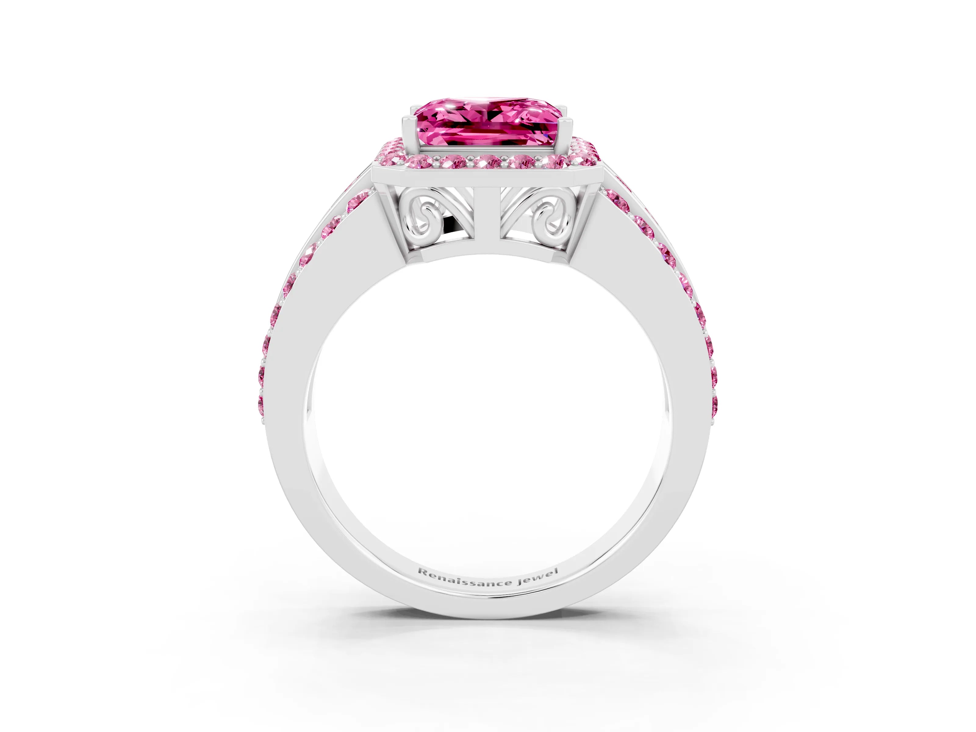 White gold Princess Cut Halo Pink Sapphire Ring with Split Shank and Four-Prong Setting_3