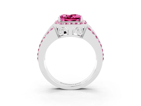White gold Princess Cut Halo Pink Sapphire Ring with Split Shank and Four-Prong Setting_3
