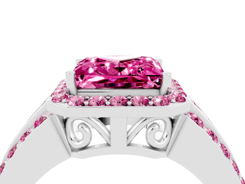 White gold Princess Cut Halo Pink Sapphire Ring with Split Shank and Four-Prong Setting_4