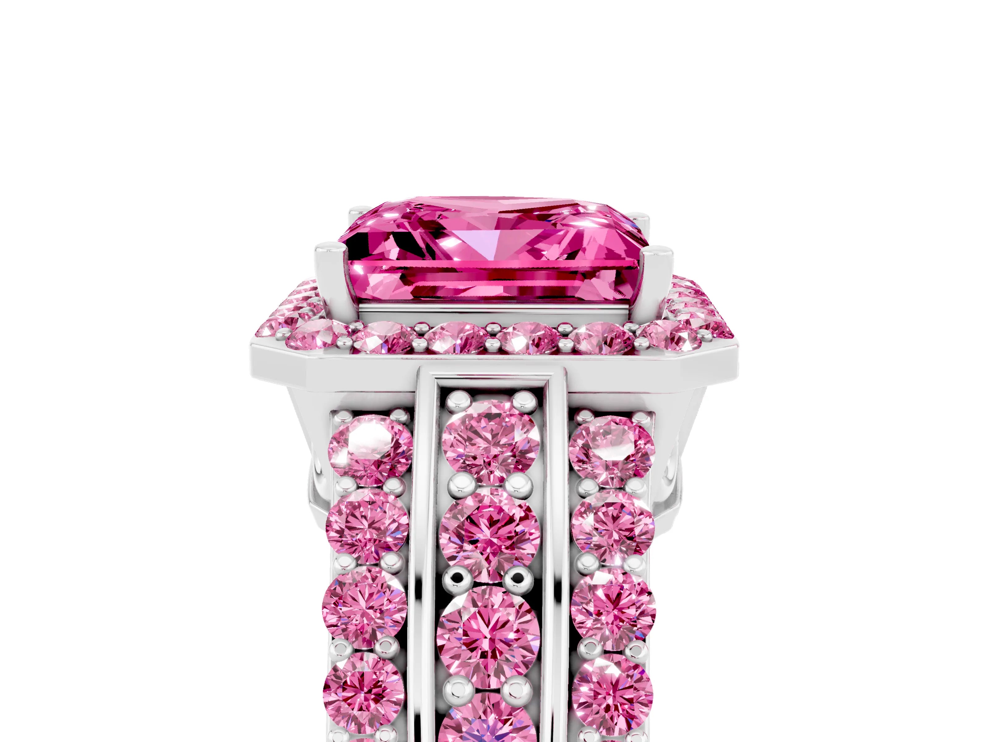White gold Princess Cut Halo Pink Sapphire Ring with Split Shank and Four-Prong Setting_5