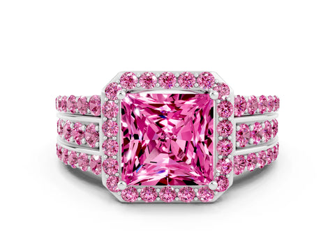 White gold Princess Cut Halo Pink Sapphire Ring with Split Shank and Four-Prong Setting