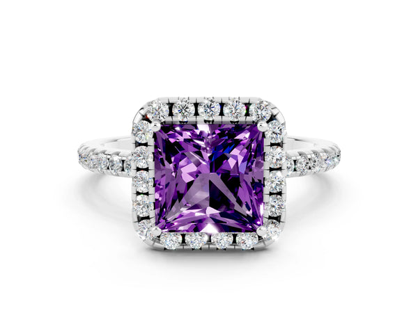 Platinum Princess Cut Amethyst Halo Ring with Round Pavé Band and Prong Setting