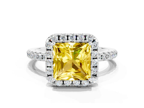 White gold Princess Cut Halo Round Diamond Pavé Band Four-Prong Ring