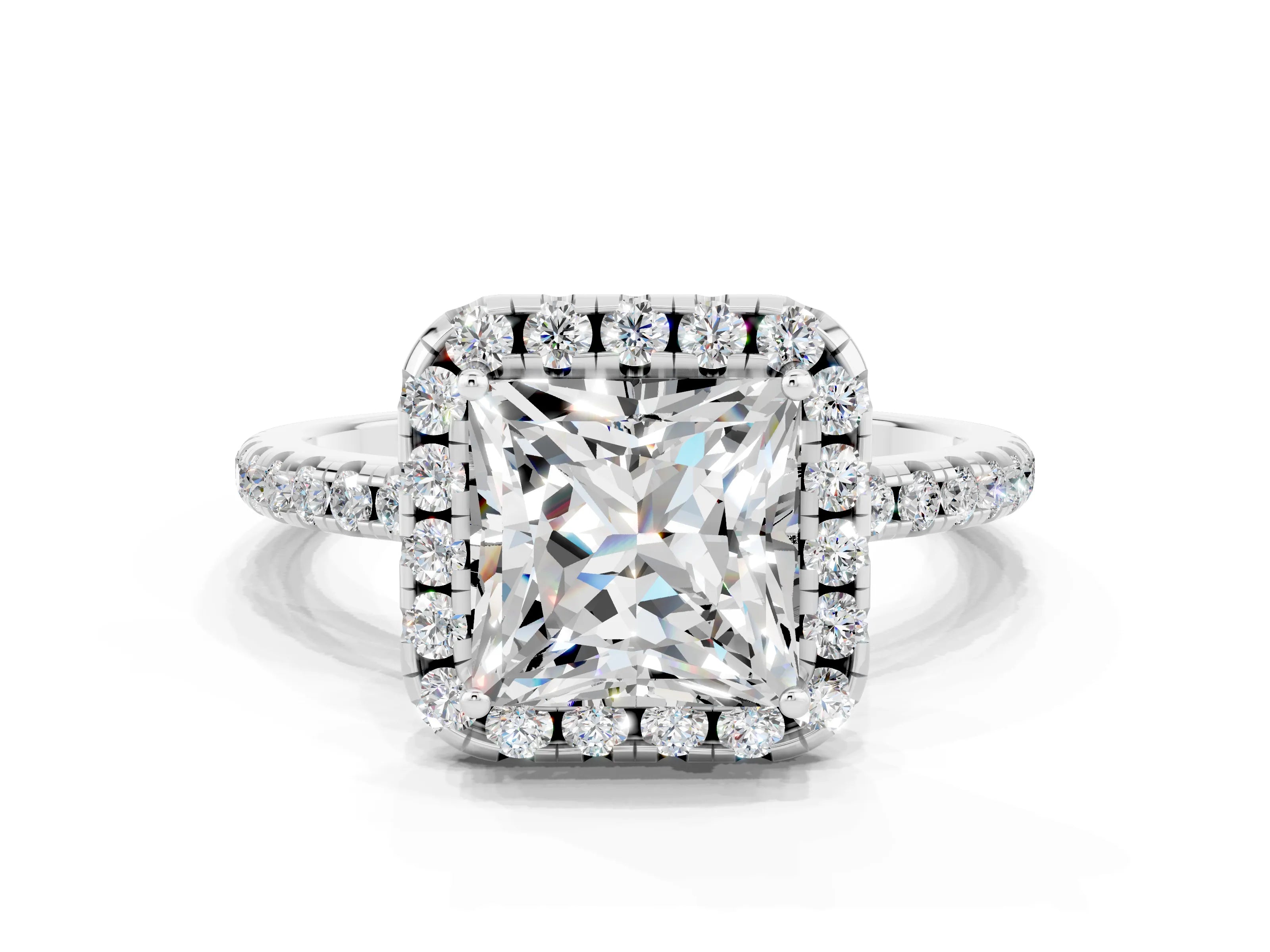 White gold Princess Cut Halo Round Diamond Pavé Band Four-Prong Ring
