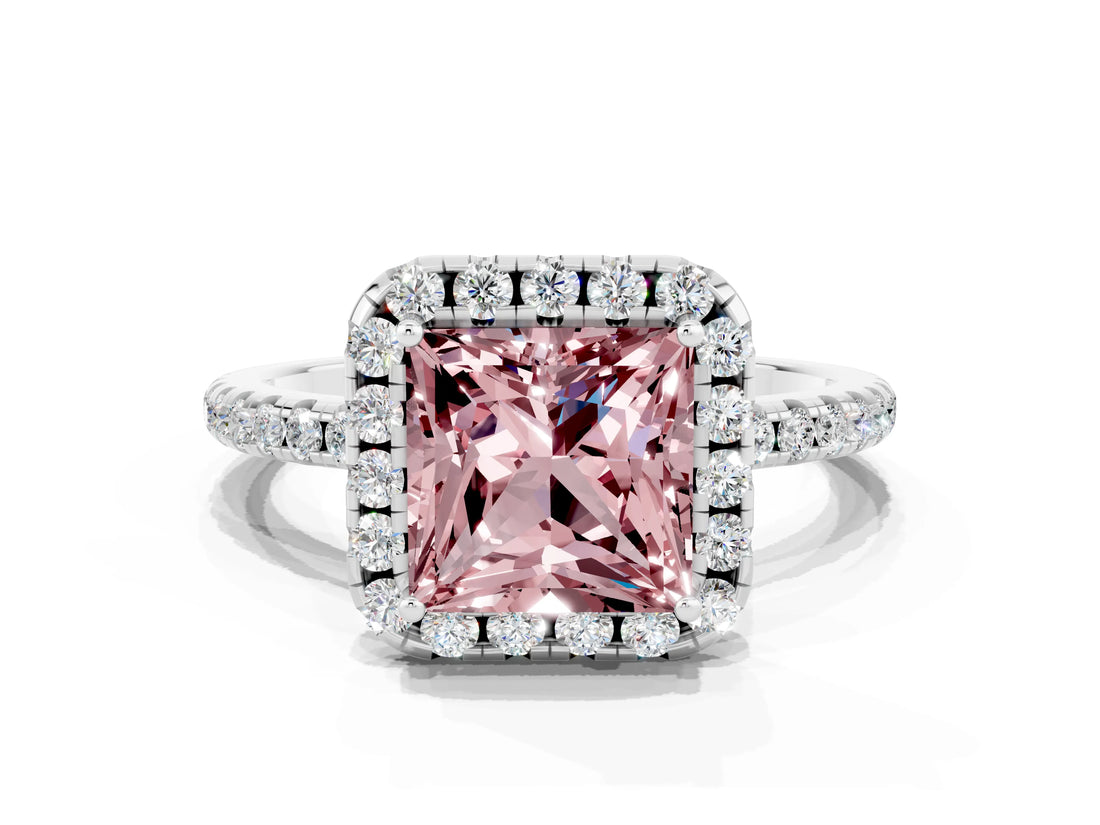 White gold Princess Cut Halo Round Diamond Pavé Band Four-Prong Ring