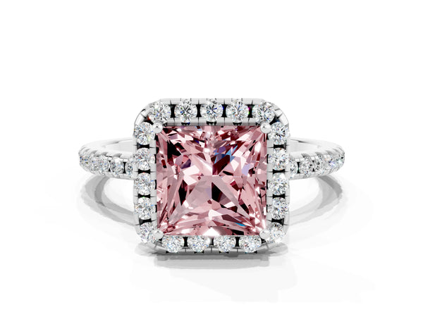 Platinum Princess Cut Halo Round Diamond Pavé Band Four-Prong Ring