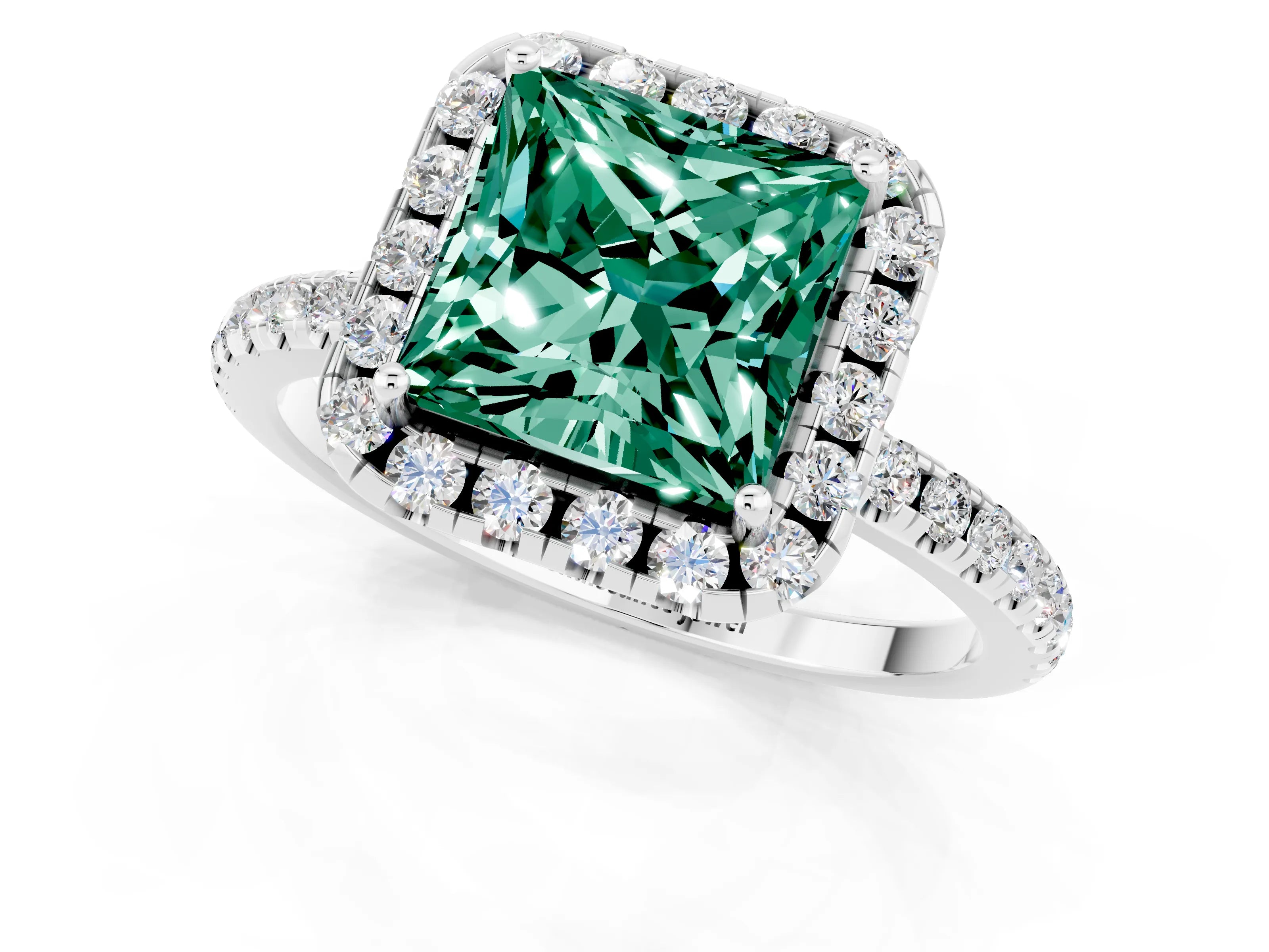 White gold Princess Cut Halo Round Diamond Pavé Band Four-Prong Ring_1