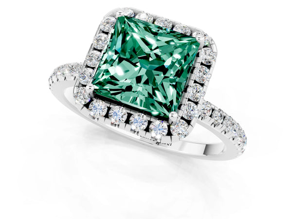 Platinum Princess Cut Green Sapphire Halo Ring with Round Pavé Band and Prong Setting